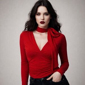 NWT Moa Moa Y2K Vamp Babydoll Ruched Red Blouse With Tie Goth Witchy Vixen L